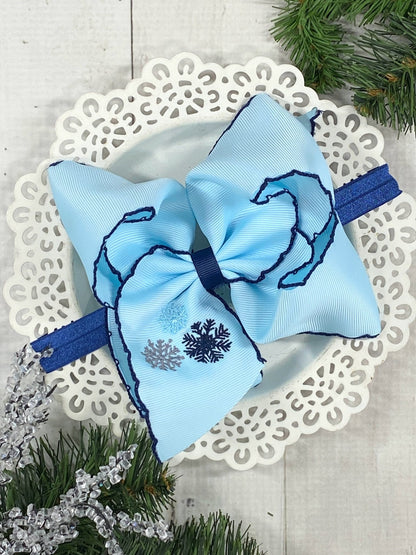 Snowflake Embroidered Moonstitch Bow Headband - satin elastic style