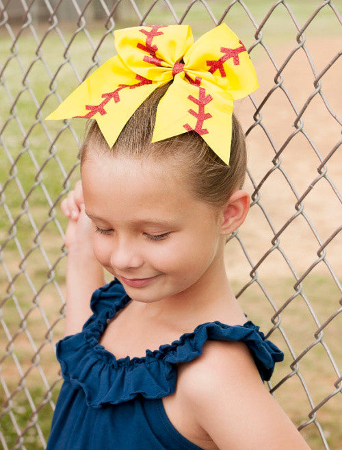 Softball Cheer Bow for Girls shown on model