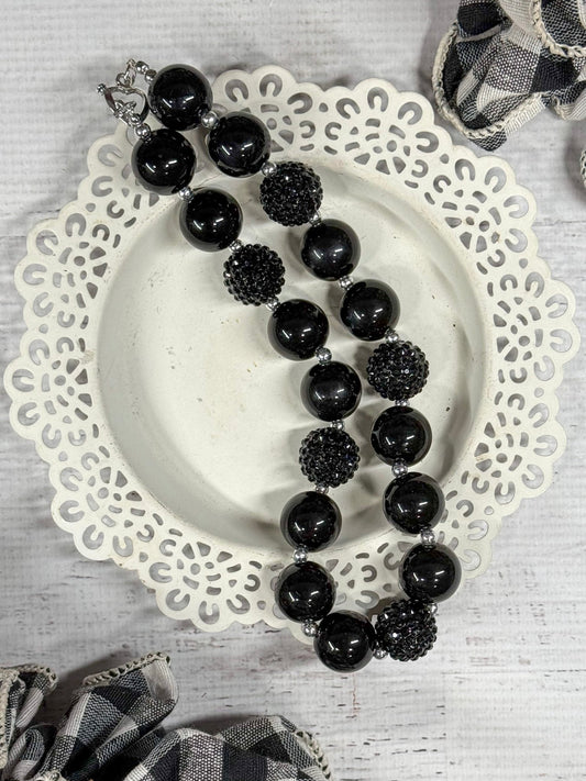 Solid Black Rhinestone Chunky Bead Necklace