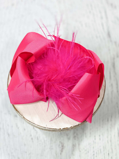 Texas Size Feather Puff Looped Knot Hair Bow Hot Pink