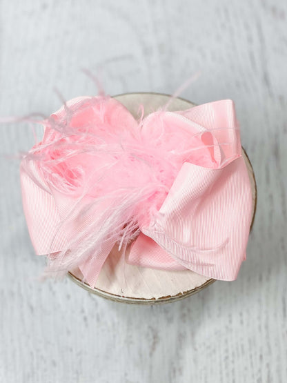 Texas Size Feather Puff Looped Knot Hair Bow Light Pink