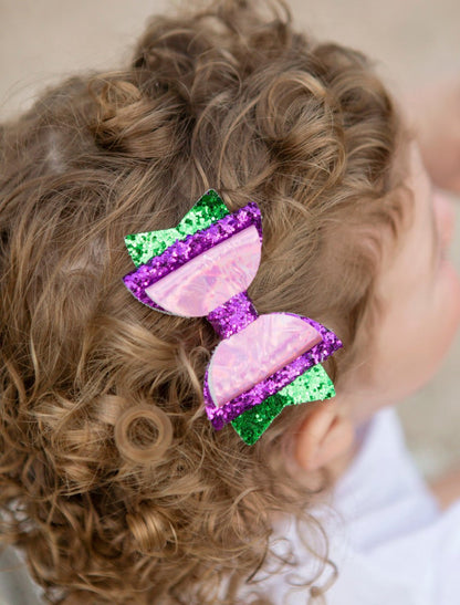 Iridescent mermaid bow clippie with purple and green glitter