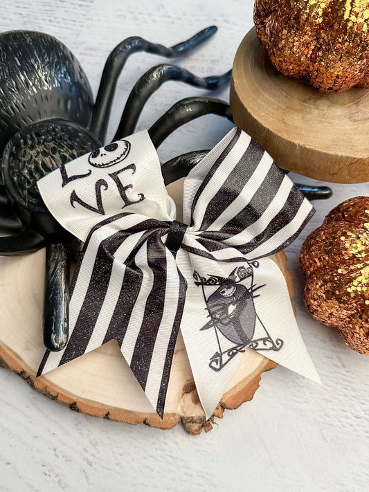 Spooky Halloween LOVE glittery striped cheer bow on alligator clip