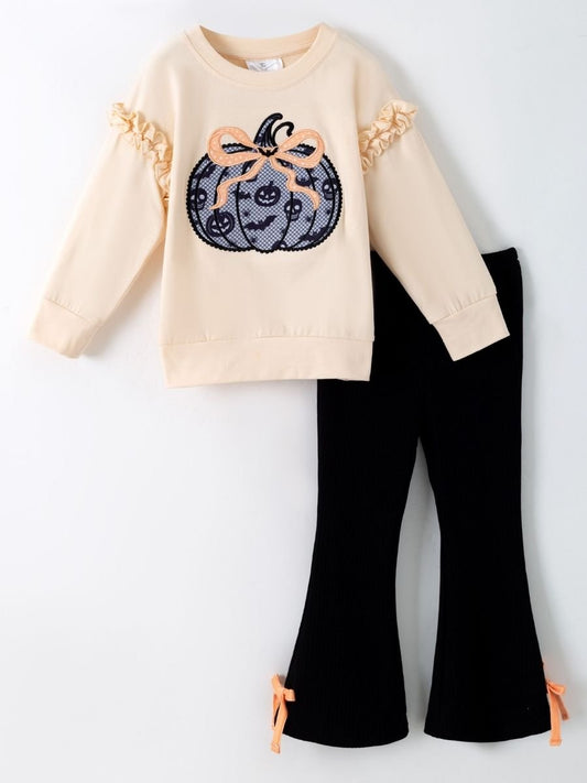 girls Halloween two-piece with lace pumpkin sweatshirt and black velvet bell bottoms