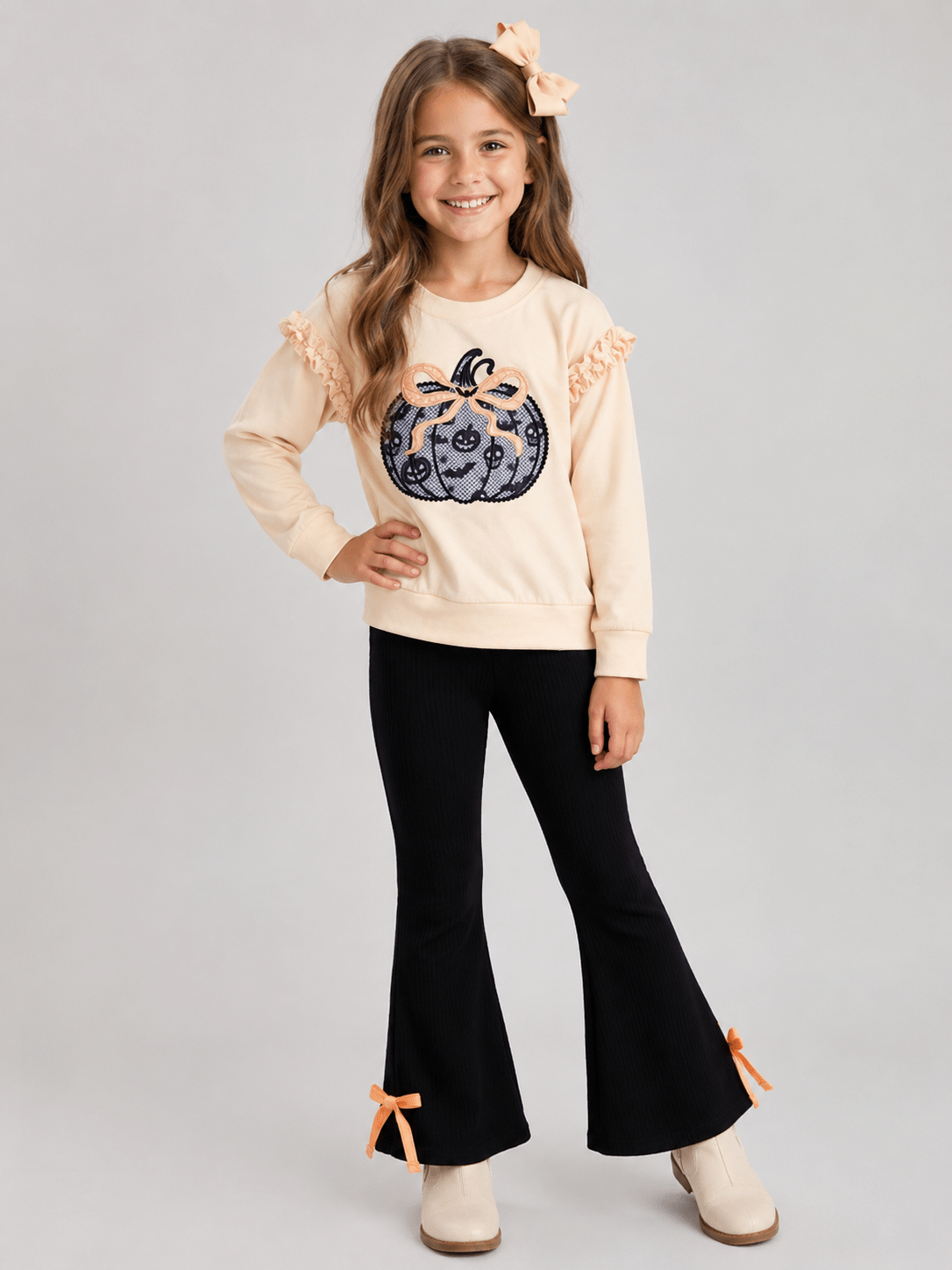 girls Halloween two-piece with lace pumpkin sweatshirt and black velvet bell bottoms