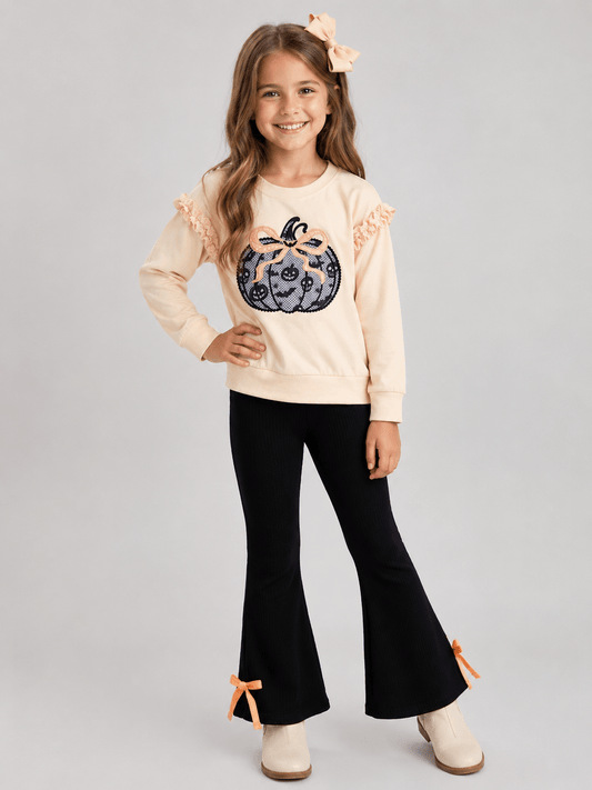 girls Halloween two-piece with lace pumpkin sweatshirt and black velvet bell bottoms