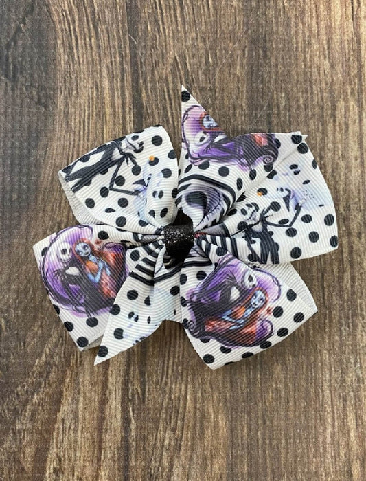 Spooky skeleton stripe Halloween hair bow on alligator clip - Alternative view