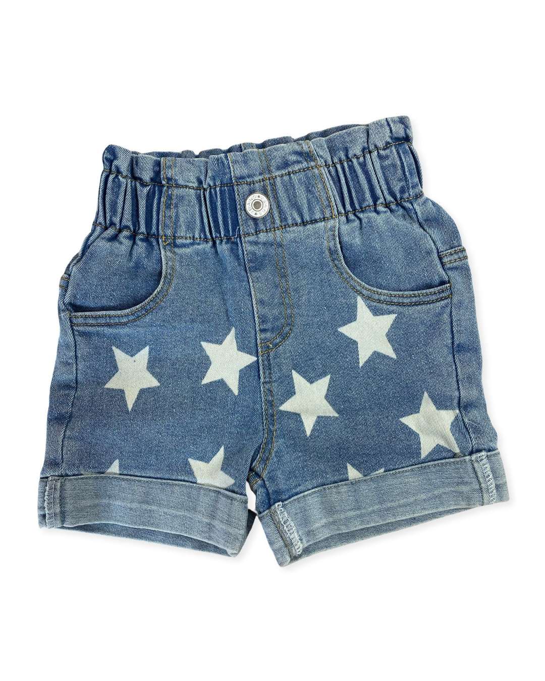 Blue denim shorts with white star patterns on a white background