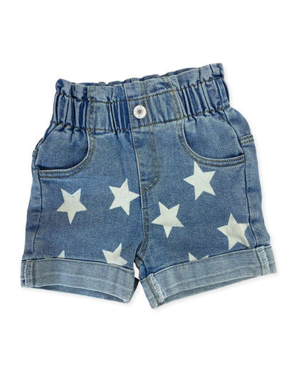 Blue denim shorts with white star patterns on a white background
