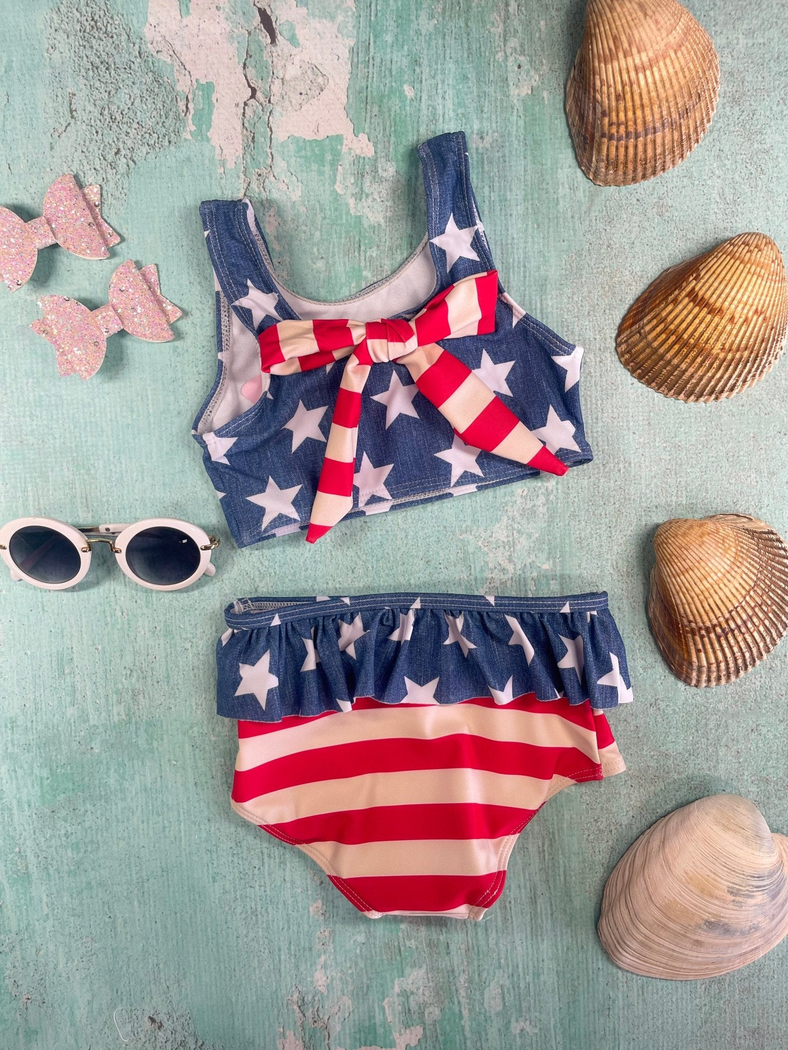 back of red white and blue bikini