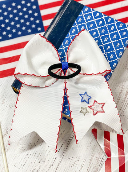 Red White & Blue Stars Embroidered Cheer Bow (Back)
