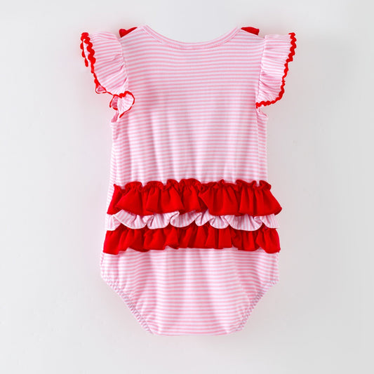 Pink and red striped baby romper with ruffled details on a white background - Alternative view
