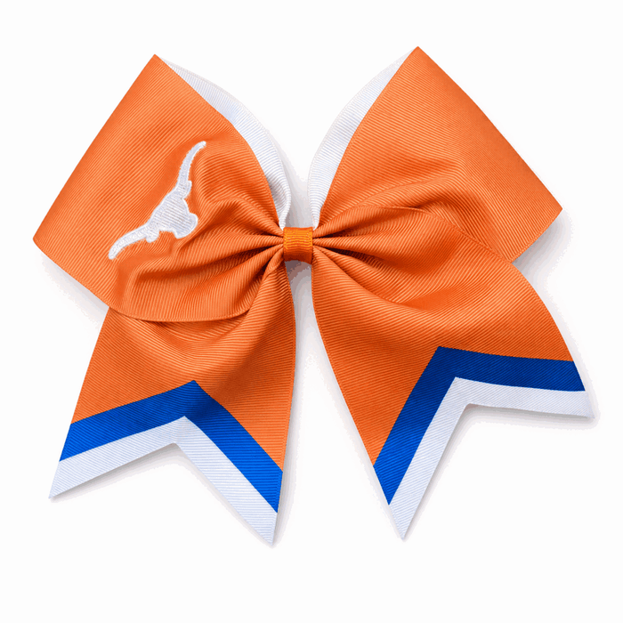 Embroidered custom school bow with striped ribbon in team colors