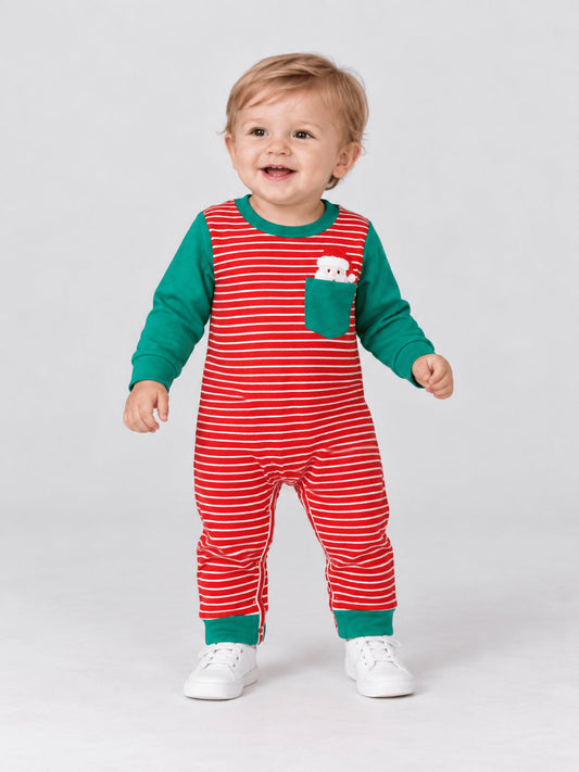 Baby boy red striped Christmas romper with green sleeves and a Santa pocket