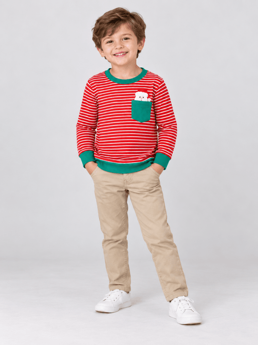 Boys red striped Christmas shirt with green trim and Santa pocket applique