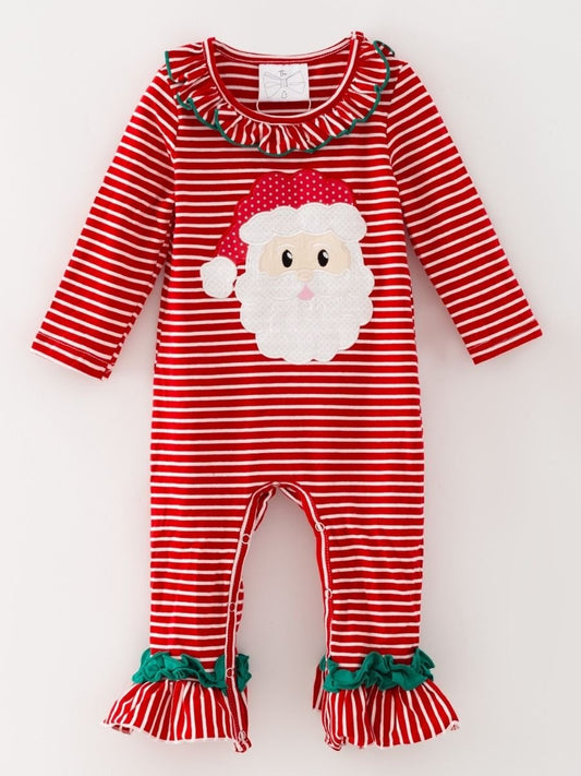 Baby girl red striped Christmas romper with a Santa face appliqué, green trim and ruffle legs