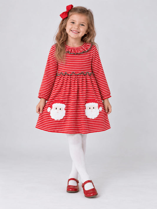 Girls red striped Christmas dress with Santa face pockets and green trim