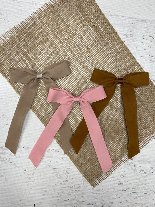 Thin suede ribbon long tail hair bows in assorted colors