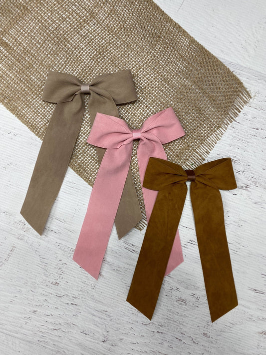 Wide suede ribbon long tail hair bows in assorted colors