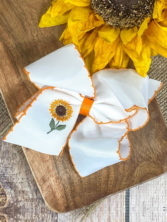 Sunflower embroidered moonstitch hair bow on alligator clip