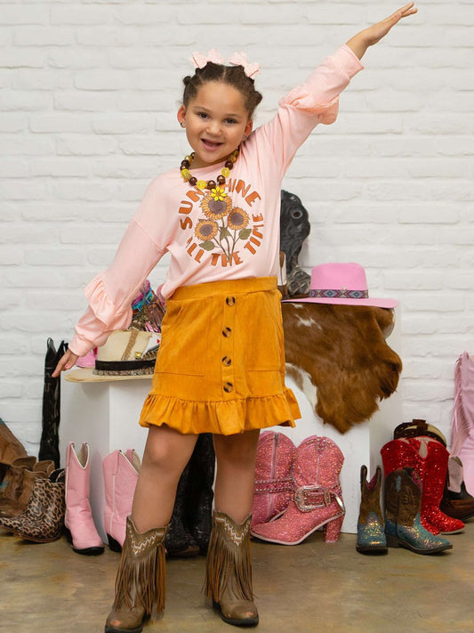 Peach Long Sleeve Top With Sunflowers, & Mustard Button Skirt on Model. - Alternative view