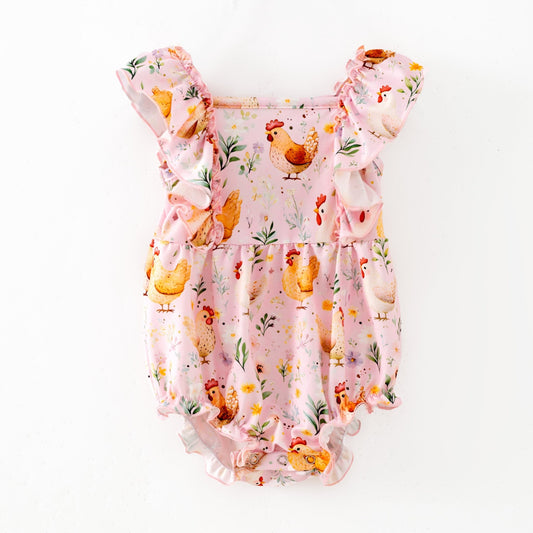 Boutique infant romper featuring pastel chicken and floral pattern