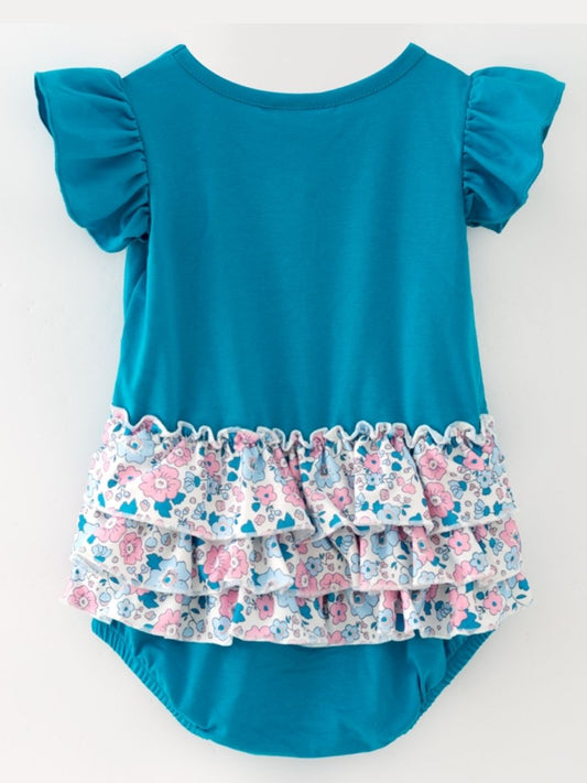 Back of baby girl teal Thanksgiving romper with pink floral layered ruffles - Alternative view