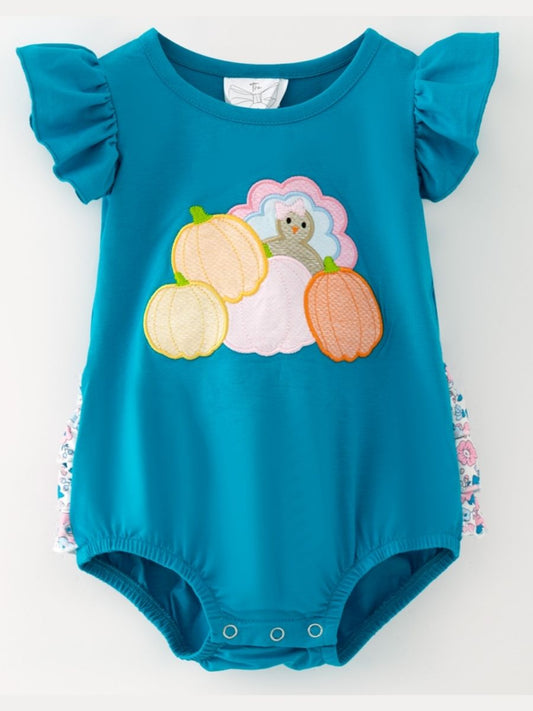 Baby girl teal Thanksgiving romper with turkey pumpkin appliqué and ruffle sleeves