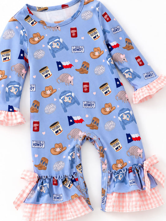 Blue Texas print baby romper with pink gingham ruffles and bows at the ankles - Alternative view