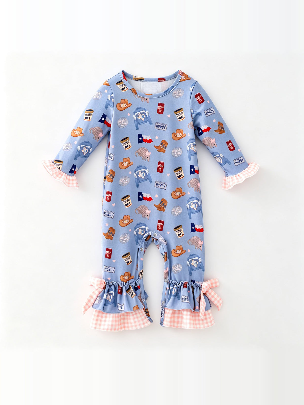 Blue Texas print baby romper with pink gingham ruffles and bows at the ankles