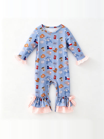 Blue Texas print baby romper with pink gingham ruffles and bows at the ankles