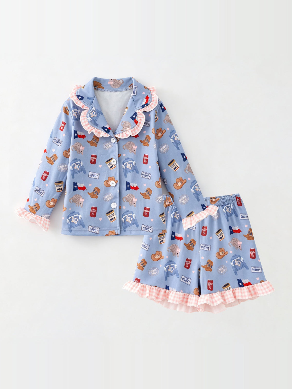 Girls Texas print pajama top and ruffle shorts with pink gingham trim