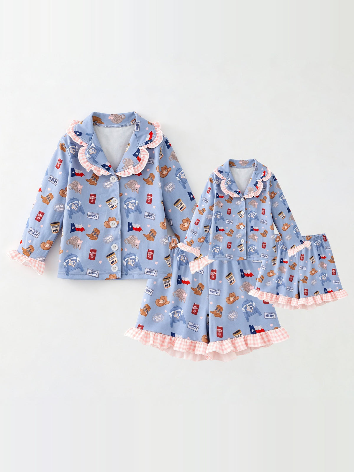 Matching Texas pajamas for mom and daughter with pink gingham ruffles