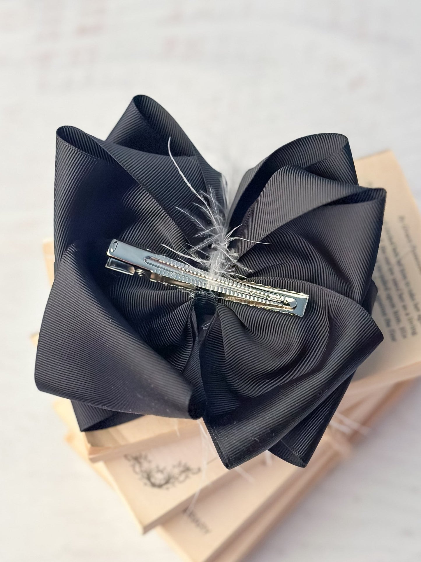 Texas Size Black & White Feather Puff Hair Bow back