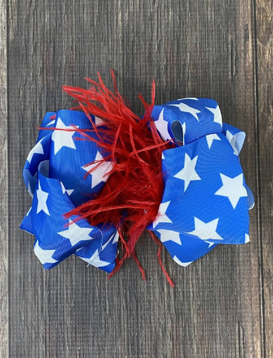 American flag feather puff hair bow on wood - Alternative view