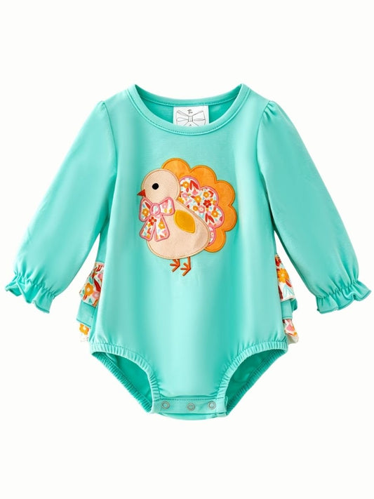 Aqua long-sleeve infant bubble romper with floral turkey appliqué, bow and ruffled cuffs
