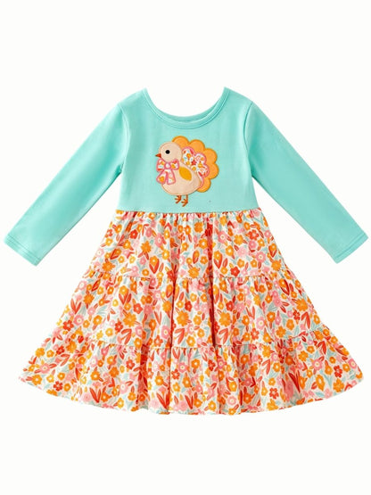 Thanksgiving turkey appliqué girls dress with aqua top and floral tiered skirt