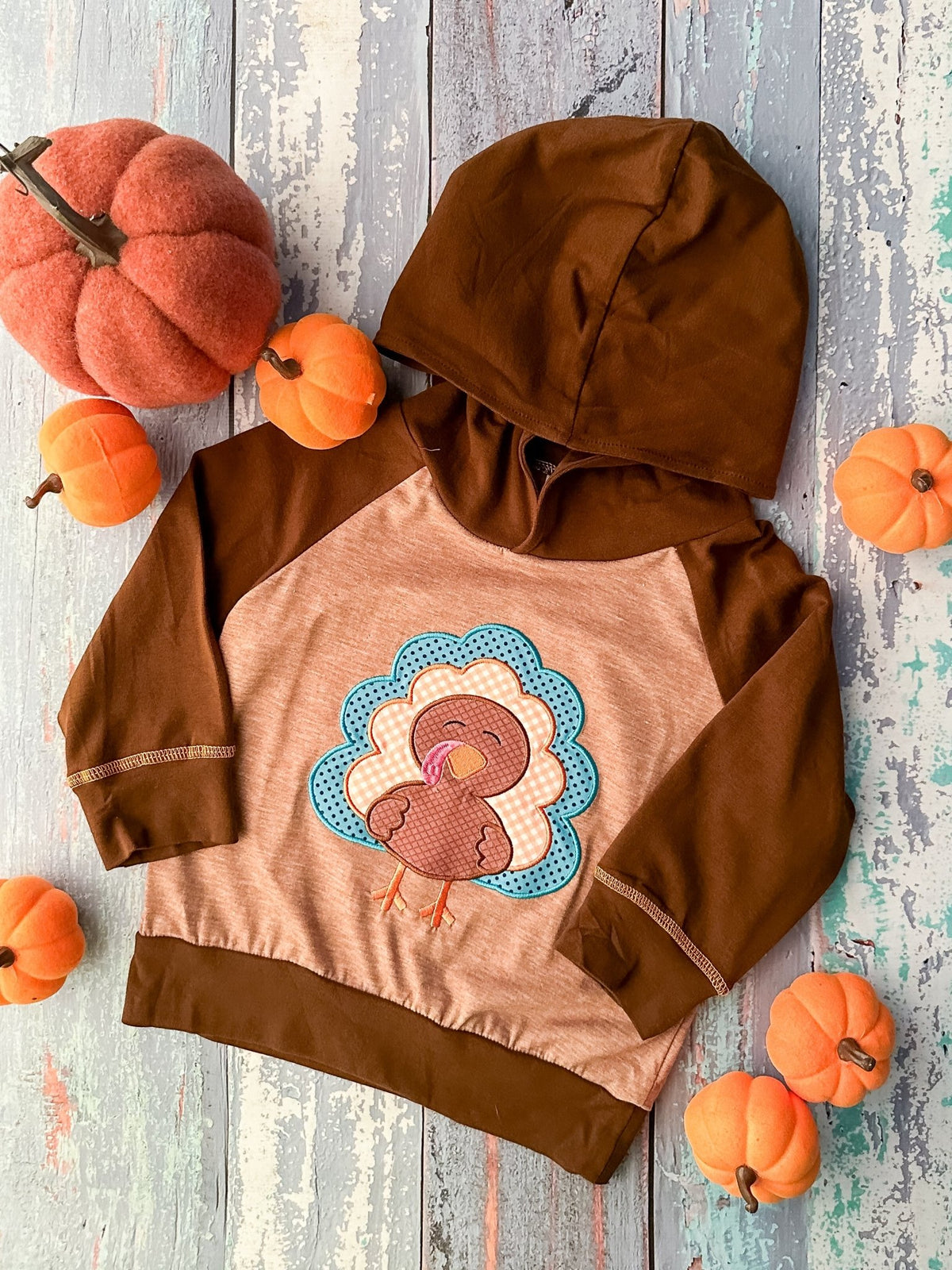Brown hoodie with a turkey applique and little pumpkins