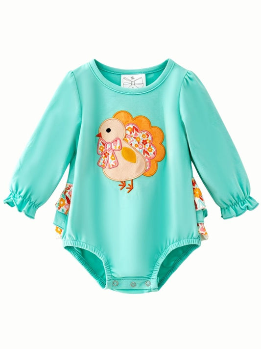 Aqua long-sleeve infant bubble romper with floral turkey appliqué, bow and ruffled cuffs