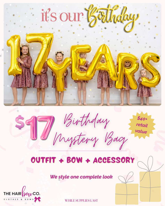Promotional image for a '17 Years' birthday mystery bag with children holding gold balloons shaped like numbers.