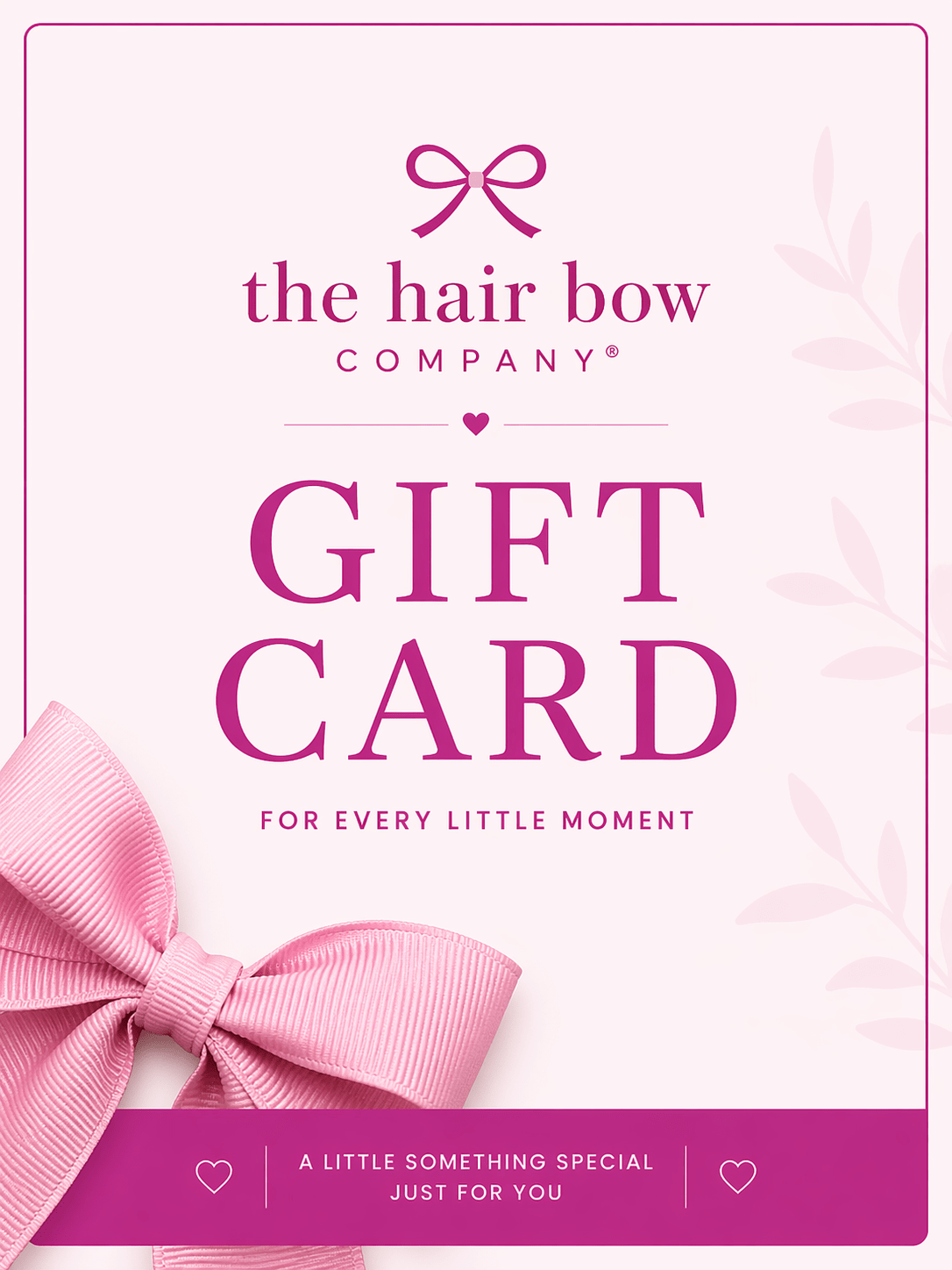 Gift card from the hair bow company with a pink bow design on a white background