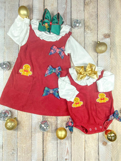 Gingerbread corduroy baby romper with the matching girls dress