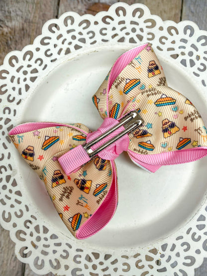 Back of trendy turkey double layer hair bow showing alligator clip