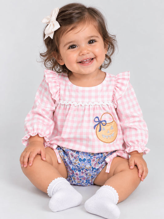 Trick or treat gingham and floral baby romper