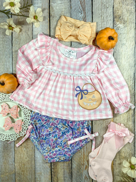 Pink gingham and floral Halloween baby romper - Alternative view