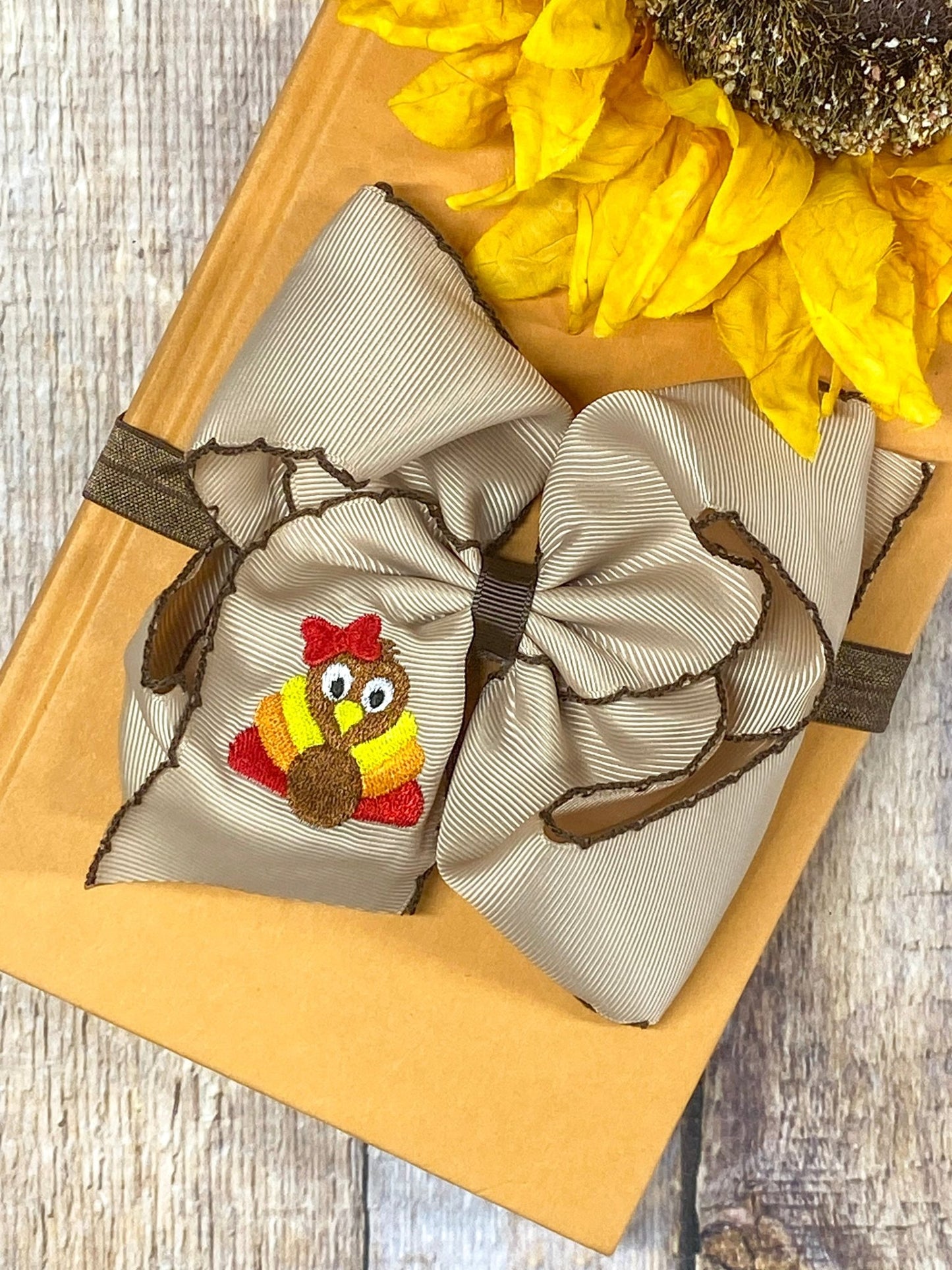 Turkey Embroidered Moonstitch Bow Headband - satin elastic style