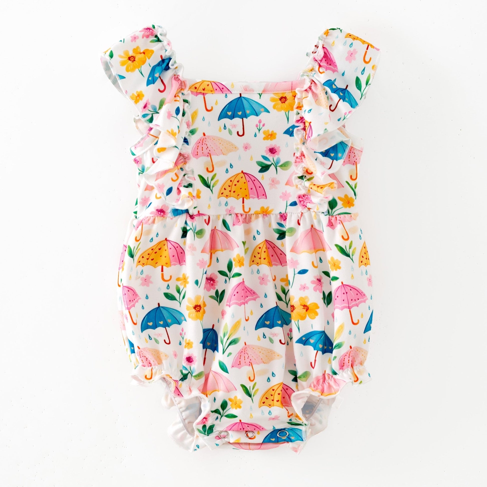 Umbrella print ruffle infant romper with flutter sleeves and snap bottom