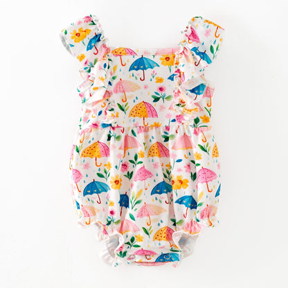 Umbrella print ruffle infant romper with flutter sleeves and snap bottom