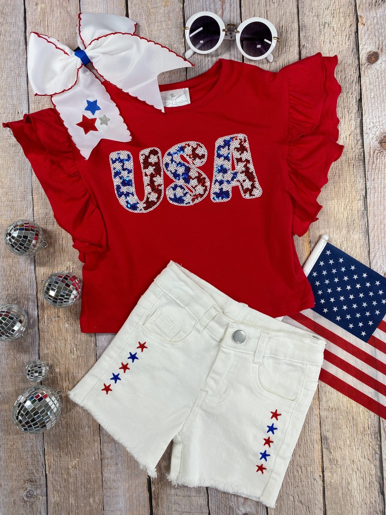 USA Red Ruffled Top & White Shorts Set