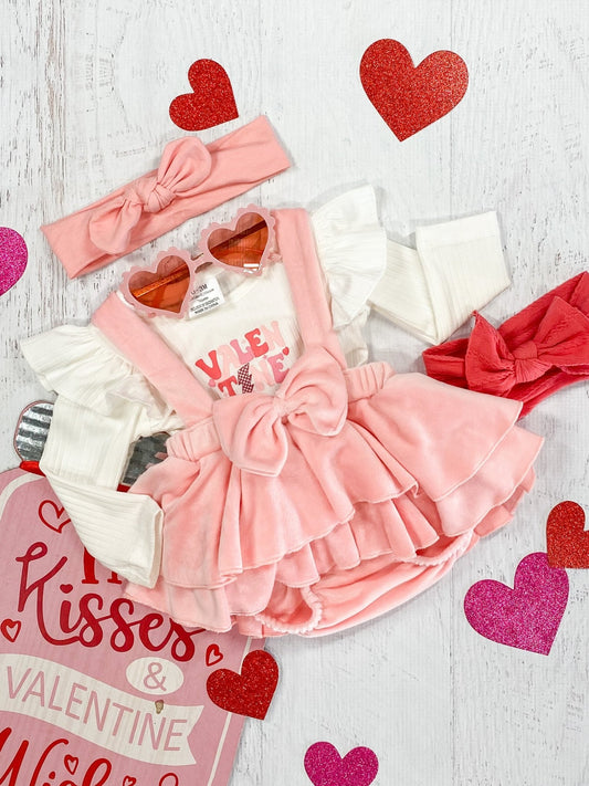 An infant velvet romper set in pink with lightning bolt design Valentine's Day outfit from The Hair Bow Company - Alternative view